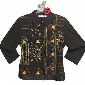 BOHO VTG JACKET NWOT EMB SEQUINS BEADED BLACK GOLD 1X Y2K